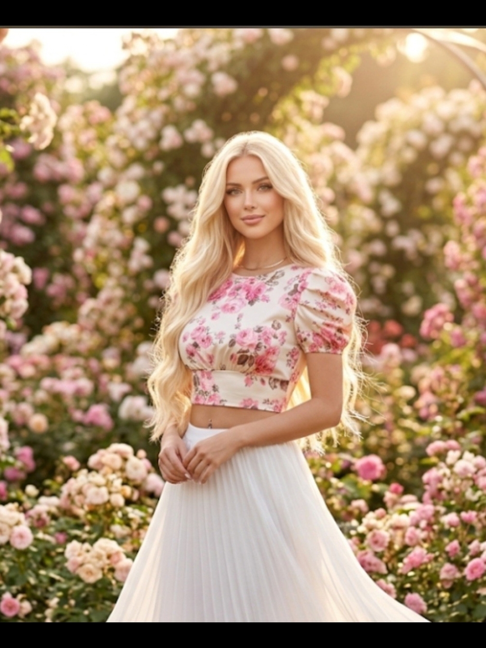 White Floral Crop Top with Pink Rose Print